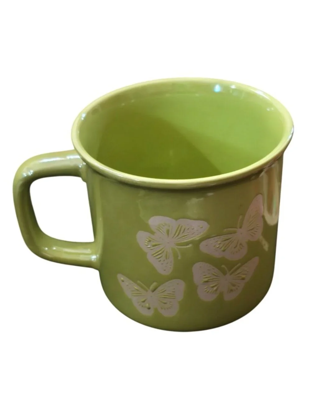 Butterfly Coffee Mug Cup Lime Green Ceramic Embossed Glaze Oversized 4